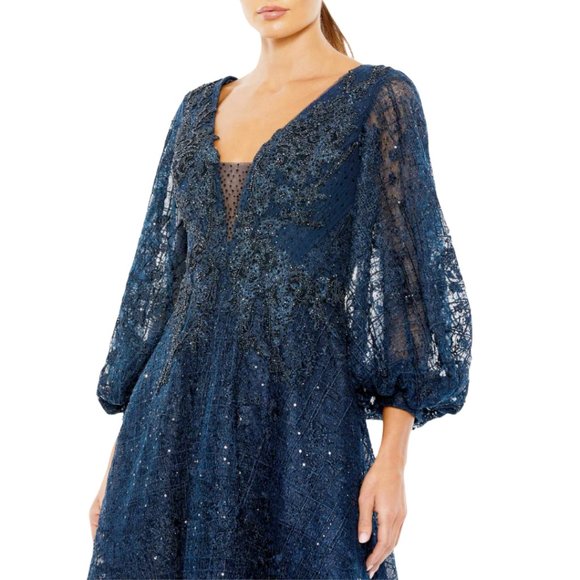 Mac Duggal 20391 Size 8 Dark Blue Floral V-Neck Long Bishop Sleeve Midi Dress - Picture 3 of 4